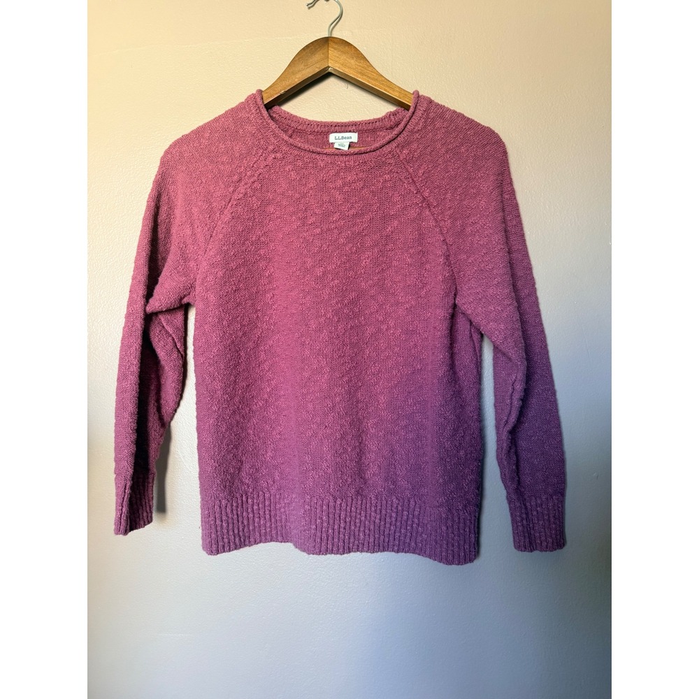 LL Bean Womens Size M Petite Pink Textured Knit Crewneck Raglan Pullover Sweater